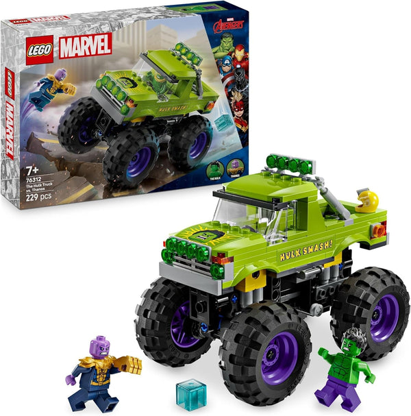 LEGO Ç€ Marvel Hulk Truck Vs. Thanos - Jucărie de construit supereroi - Vehicul Avengers și minifigurine - Camion monstru pentru mega distracție - Cadou pentru băieți și fete de la 7 ani - 76312