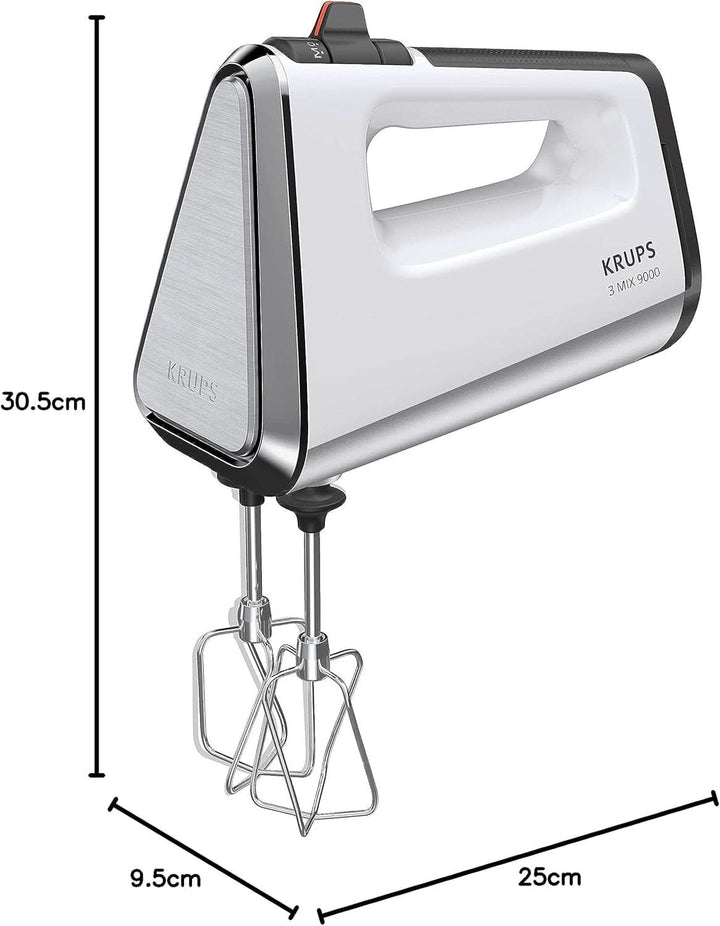 Krups GN9121 3 Mix 9000 Handmixer | 750 Watt | Geschwindigkeitsregler | Turbomodus | Auswurffunktion | Ergonomischer Griff | Inkl. Schneebesen, Knethaken, Pürierstab-Aufsatz, Messbecher | Weiß/Silber