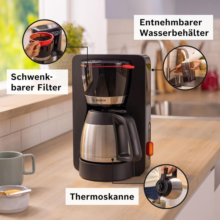 Mașină de cafea cu filtru Bosch Mymoment TKA6M273, cană termo 1 L, pentru 8-12 cești, opritor de picurare, suport pivotant pentru filtru, program de detartrare, rezervor de apă detașabil, 1200 wați, negru mat