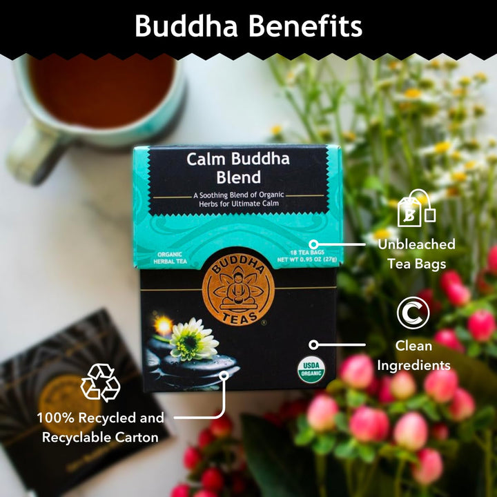- Calm Buddha Blend - Organic Herbal Tea - for Health & Wellbeing - Blend of Organic Herbs - Clean Ingredients - Caffeine Free - OU Kosher & Organic - Non-Gmo - 18 Bleach-Free Tea Bags Tea USA Naty Shop