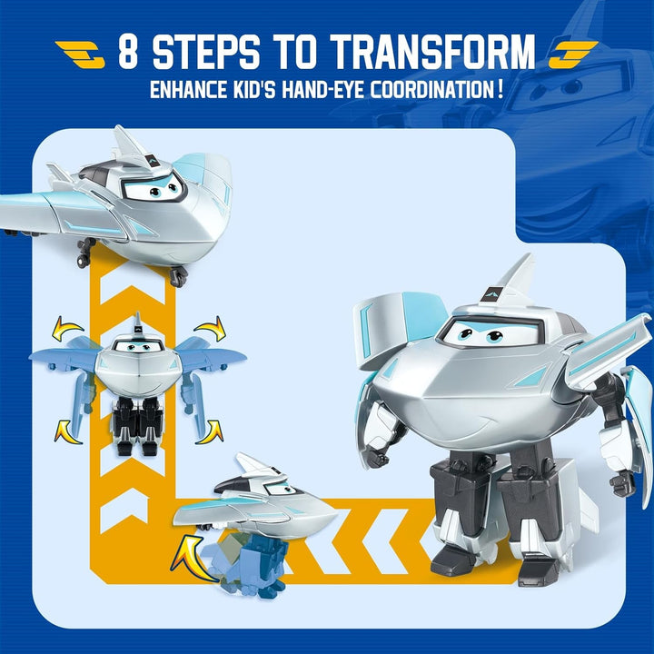 Super Wings Transformation Plane Supercharged Traver, Aprox. 12.7 Cm Figură mare de joacă pentru copii, avion de jucărie și figură de robot pentru băieți și fete de peste 3 ani, argintiu