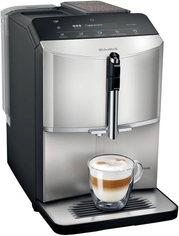 Aparat de cafea complet automat SIEMENS EQ300 TF303E07, Pentru multe specialități de cafea, spumă de lapte, râșniță ceramică, funcție Onetouch, 1300 W, Inox Silver Metallic