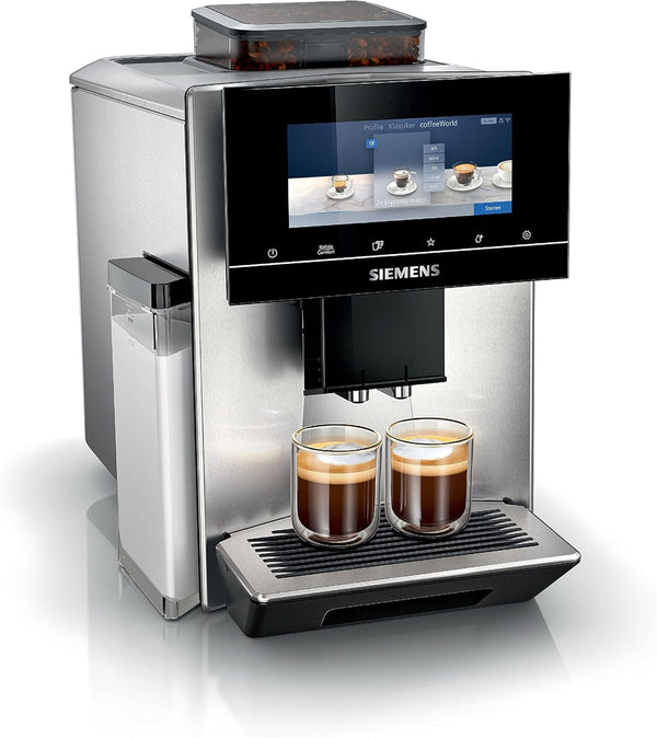 Siemens EQ900 TQ903D03 aparat de cafea complet automat, control prin aplicație, afișaj intuitiv full-touch, mod barista, stimulare aromă, reducere zgomot, râșniță premium, curățare automată cu abur, 1500 W, oțel inoxidabil