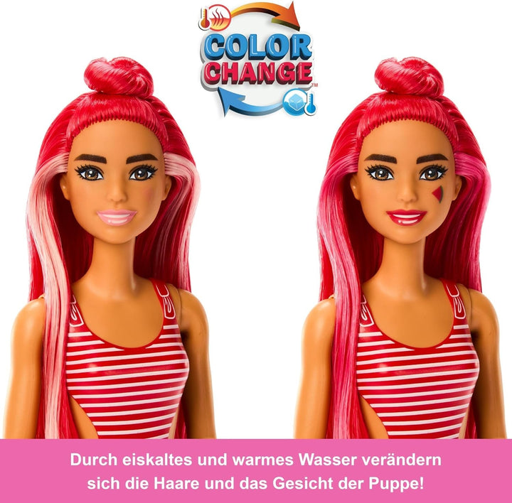 Barbie Pop Reveal Fruit - păpușă cu păr roșcat în aromă de pepene roșu, 8 surprize, fată squishy parfumată, păr și machiaj care își schimbă culoarea, pentru copii de la 3 ani, HNW43