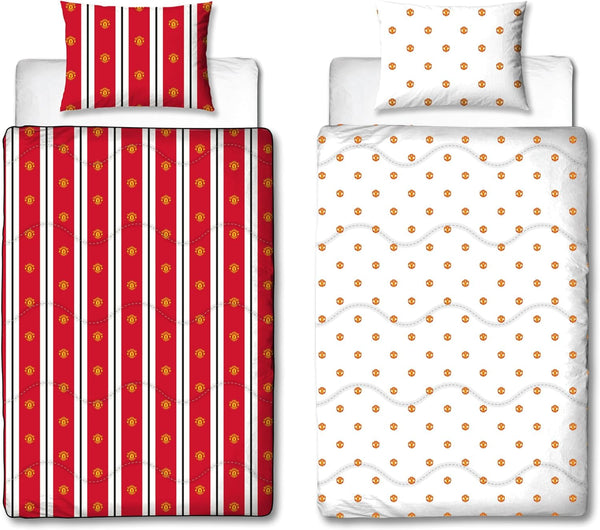 Manchester United FC Official Single Duvet, Reversible, Red & White, Coverless, Football Quilt, Pillowcase, Lavabil, Perfect pentru călătorii, Overnight Stays, 10.5 Tog