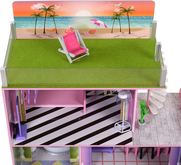 Olivia's Little World Big Dreamland Sunset Contemporary Casa de păpuși interactivă din lemn pentru copii 3 etaje cu 16 accesorii de mobilier pentru păpuși Multi TD-13616A