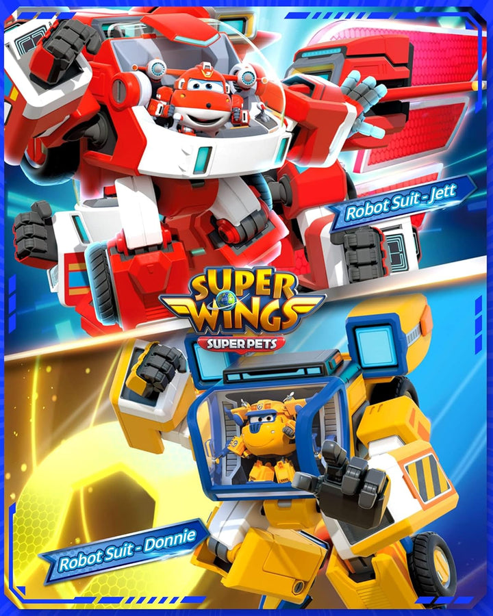 Super Wings EU750322 - Transforming New Robot Suit Donnie, Aprox. 23 cm figurină mare pentru copii, avion de jucărie transformabil și figurină robot, galben