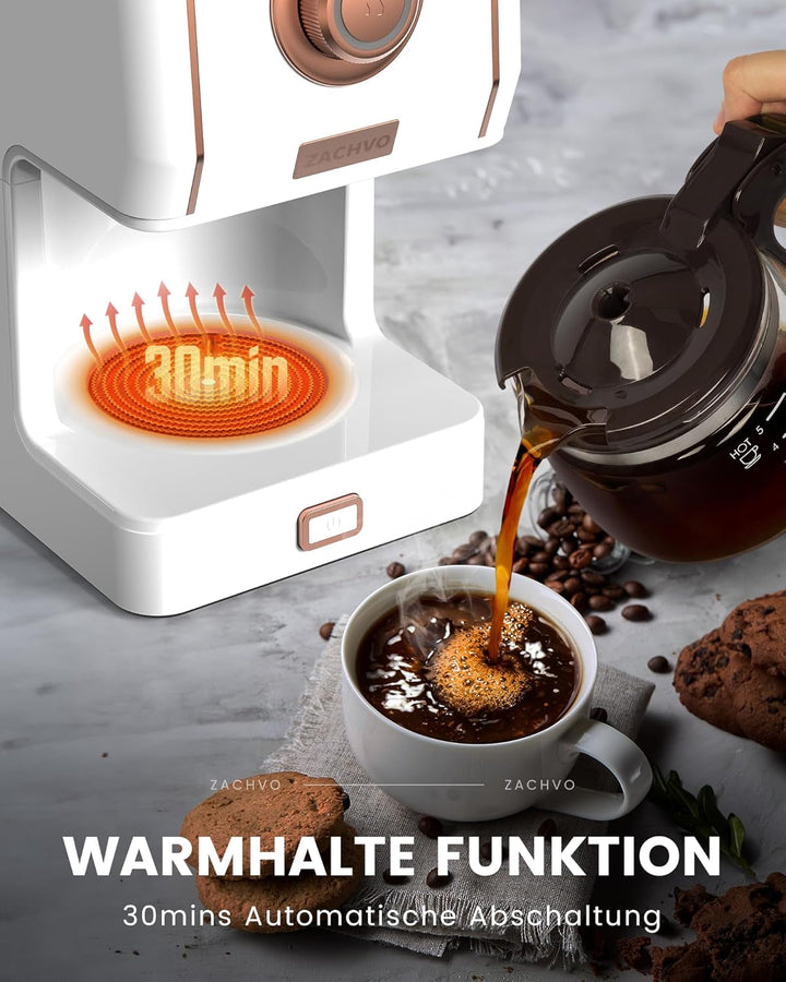ZACHVO filtru de cafea cu ulcior de sticlă, filtru de cafea, 5 cești, capacitate 650ml, filtru reutilizabil, oprire picurare, oprire automată, funcție de menținere la cald 30min, 3 moduri de preparare