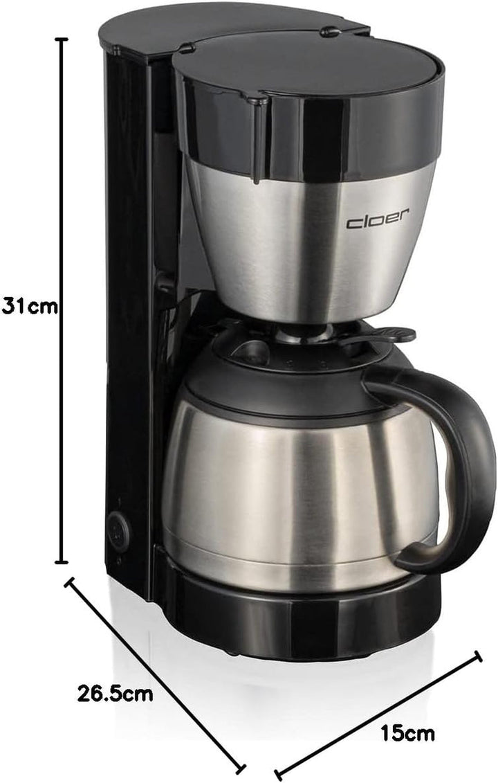 Cloer 5009 Cafetieră cu filtru cu funcție de menținere la cald, pentru până la 8 cești, 800 W, cu ulcior de vid din oțel inoxidabil, ulcior cu filtru 1X4, negru