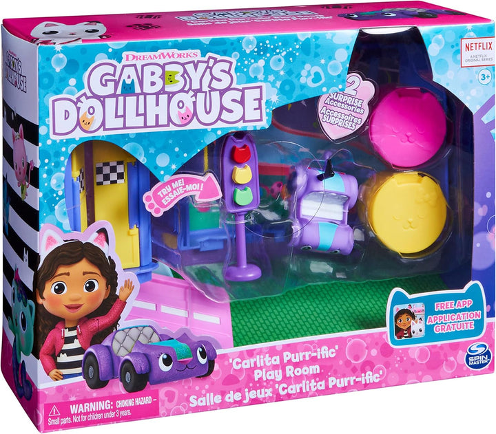 Gabby's Dollhouse Deluxe Room, cameră de joacă Purr-Ific, cameră de joacă cu mașină de jucărie Carlita, 2 piese de mobilier și 2 cutii surpriză cu accesorii, potrivită pentru copii de 3 ani și peste