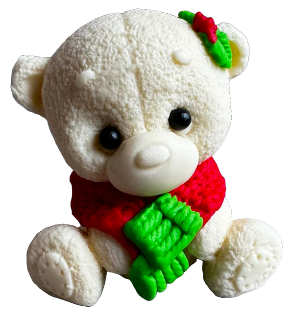 Edible decoration of sugar paste, white teddy bear with red with red