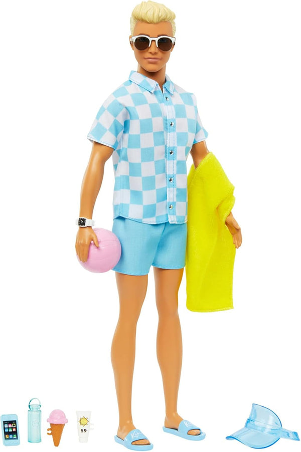 Barbie Ken - păpușă blondă cu cămașă albastră și costum de baie, accesorii de plajă și minge de plajă pentru jocuri creative, pentru copii de la 3 ani, HPL74