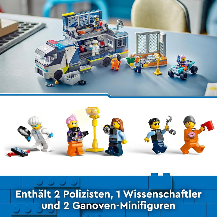 Camion de poliție LEGO City cu laborator, set de poliție cu quad și camion de jucărie pentru copii, cadou pentru băieți și fete de la 7 ani, plus 5 minifigurine - 2 polițiști, 1 om de știință și 2 escroci 60418