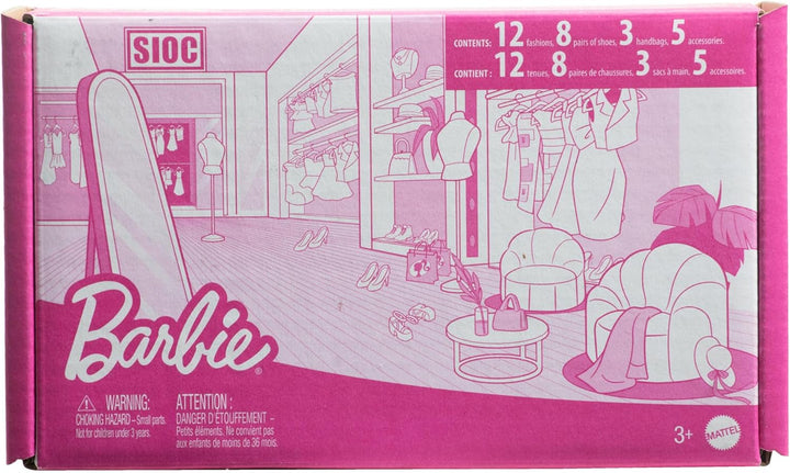 Barbie Fashions And Accessories - Set de modă colorat cu peste 65 de ținute unice, 13 articole de îmbrăcăminte, 8 accesorii și 8 perechi de pantofi, pentru ore întregi de distracție în styling, universal, HRG56