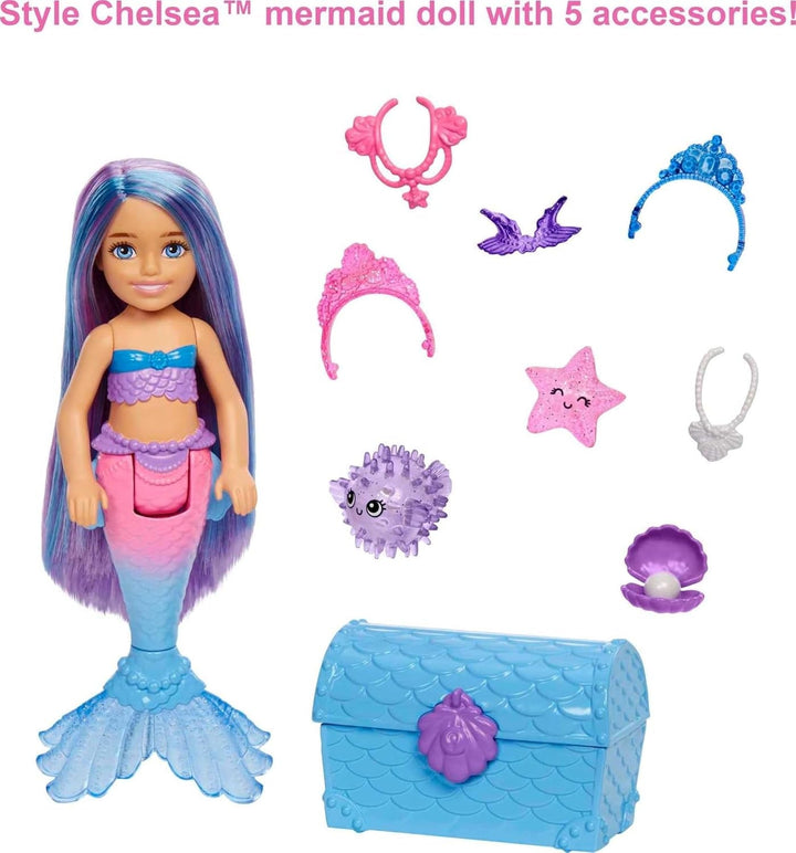 Barbie Mermaid Power, păpușă Chelsea, păpușă sirenă, Chelsea cu păr albastru și violet, coroană, coadă de sirenă, accesoriu, cadou pentru copii de la 3 ani, Hhg57