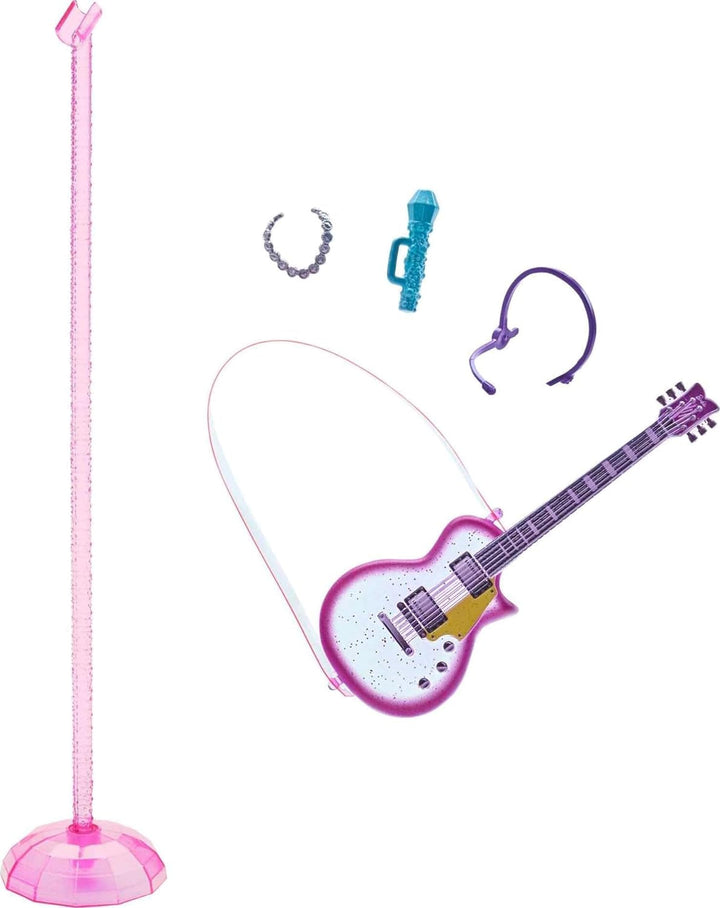 Barbie GYJ22 - scenă liberă pentru păpușa Big Dream Brooklyn (aprox. 30 cm, codițe maro) cu melodii din film, lumini, microfon și accesorii, cadou pentru copii de la 3 ani în sus