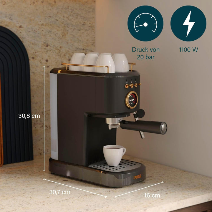 Espressoare Princess, 1100W, 20 bar presiune, Încălzitor de cești, Duză de abur, Rezervor de apă 1.2L, Pentru cafea, doze și capsule, Ușor de curățat, Oprire automată, 01.249417.01.001