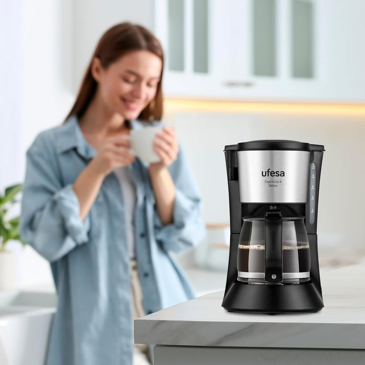 Ufesa CG7115 Capriccio 6 Delux filtru de cafea cu picurare, 6 cești, 600W, carafă de 0,6L, sistem anti-picurare, oprire automată, suprafețe din oțel inoxidabil