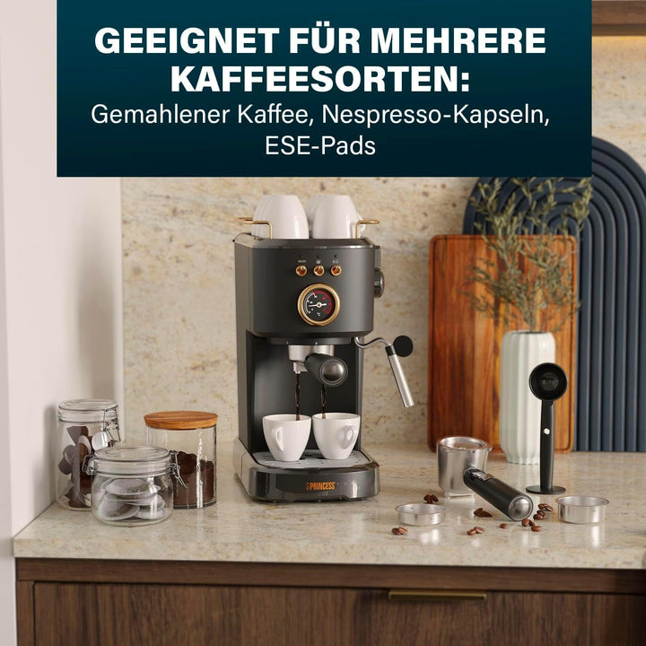 Espressoare Princess, 1100W, 20 bar presiune, Încălzitor de cești, Duză de abur, Rezervor de apă 1.2L, Pentru cafea, doze și capsule, Ușor de curățat, Oprire automată, 01.249417.01.001