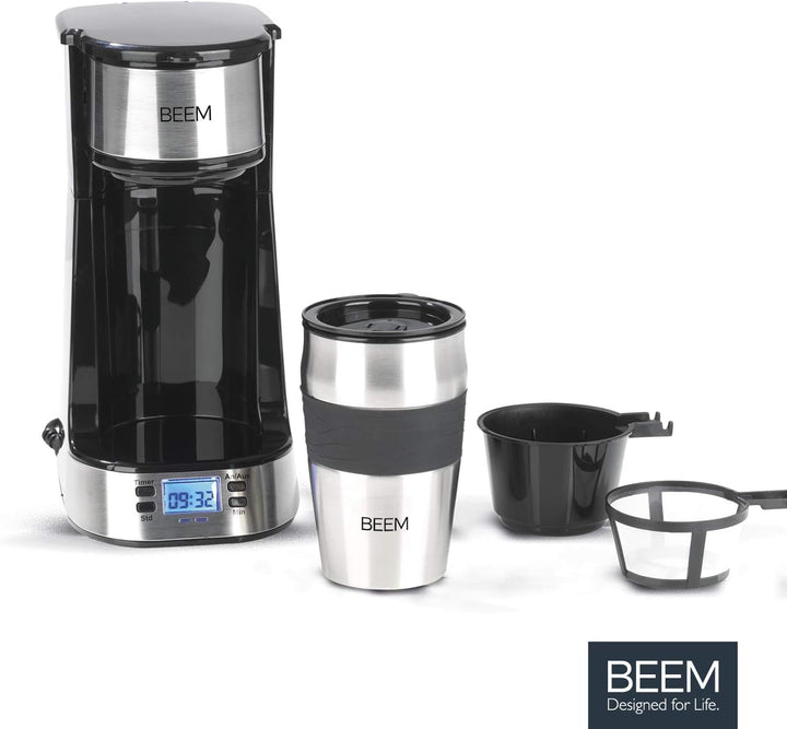 BEEM THERMO 2 GO Cafetieră cu filtru unic cu cană termo de 0,4 l | Filtru permanent | Cu cronometru 24 h pentru o cană de cafea fierbinte dimineața fără așteptare | 750 W