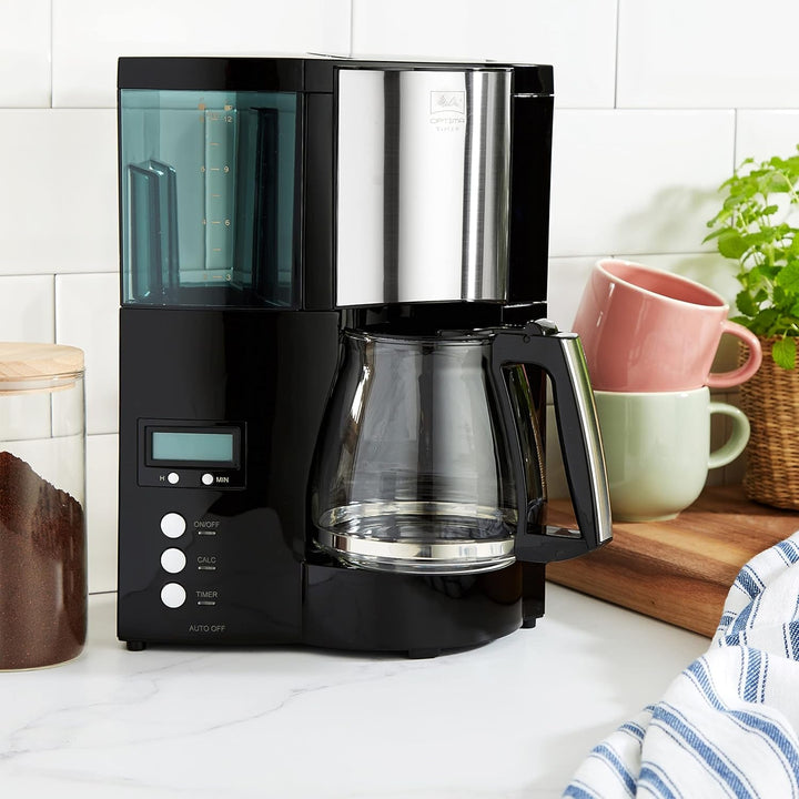 Melitta Optima Timer - Cafetieră cu temporizator, Cafetieră cu filtru, cu cană de sticlă și rezervor de apă detașabil, Pentru până la 8 cești de cafea, Negru