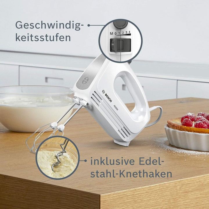 Bosch Hausgeräte Handrührer Clevermixx MFQ24200, 2 Rührbesen, 2 Spülmaschinengeeignet, 4 Stufen, Leicht, Leise, 400 W Weiß/Edelstahl