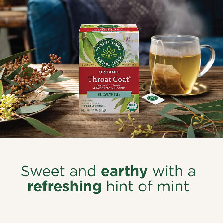 Tea, Organic Throat Coat Eucalyptus, Throat and Respiratory Support, 96 Tea Bags (6 Pack) Tea USA Naty Shop