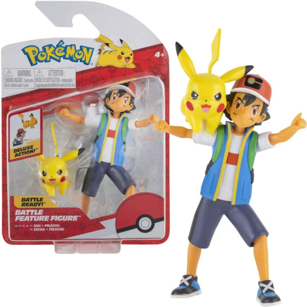 Pokémon PKW2473 - Battle Feature Figure - Ash & Pikachu, figuri mobile oficiale, 11,5 cm Ash și 5 cm Pikachu