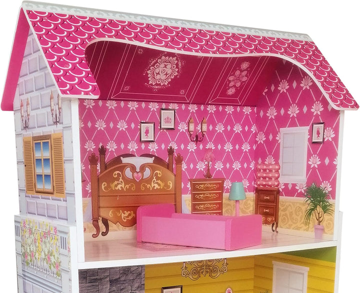 Teorema 40602 - Casă de păpuși din lemn cu 3 etaje și 5 camere, înălțime 96 cm, mobilier și decorațiuni