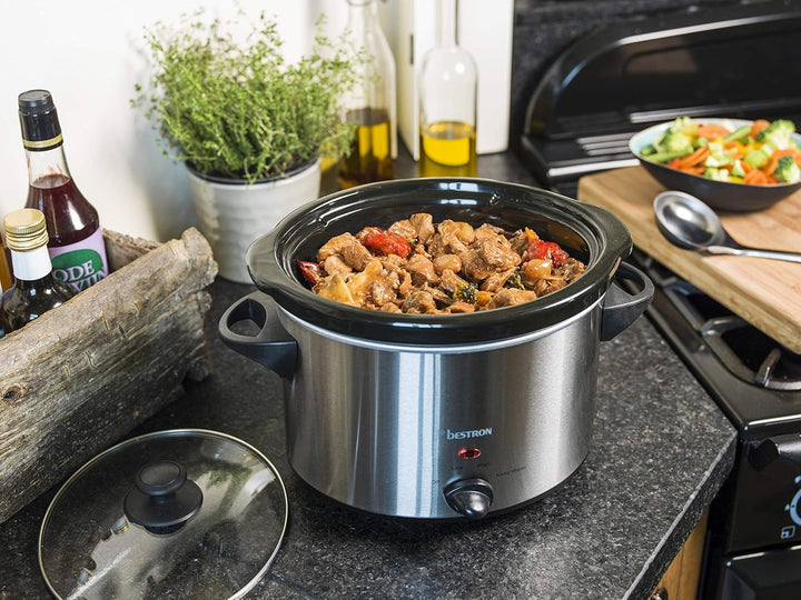 Bestron Slowcooker Für 4 Personen, Schongarer Mit Keramikpfanne & Glasdeckel, 3 Stufen-Thermostat, Ideal Für Viele Gerichte Wie Fleisch, Suppen & Gemüse, 3.5 Liter, Farbe: Silber