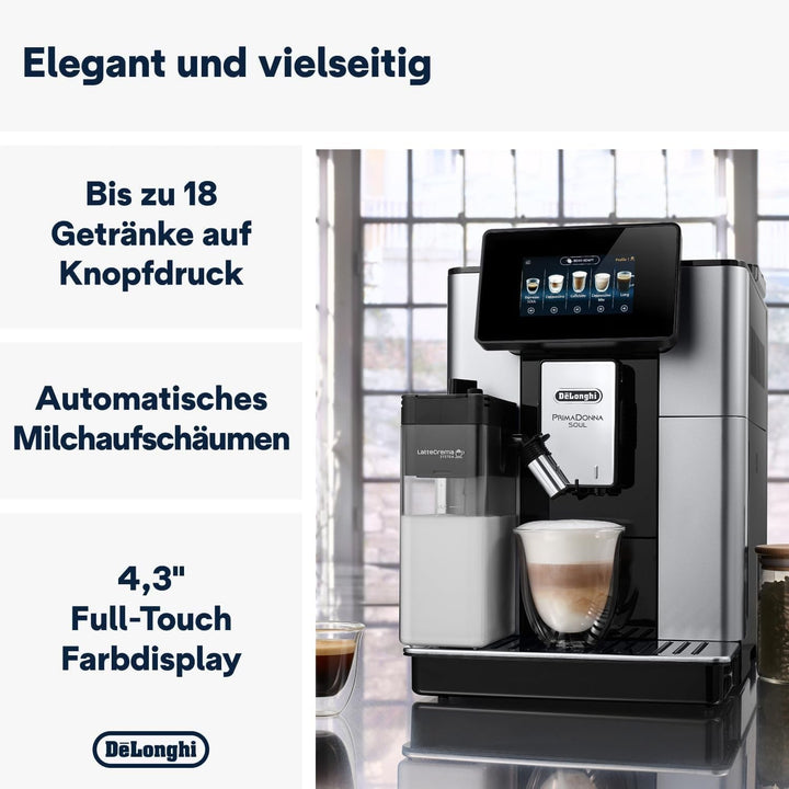 Aparat de cafea complet automat De'Longhi Primadonna Soul Perfetto ECAM 612.55.SB cu sistem de lapte Lattecrema și tehnologie Bean Adapt, 18 rețete, cu control prin aplicație cu afișaj color, argintiu/negru