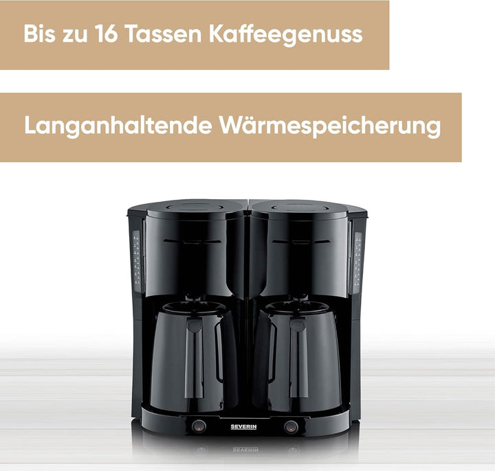SEVERIN Duo filtru de cafea cu ulcior termo, filtru de cafea pentru până la 16 cești, filtru de cafea atractiv cu 2 ulcioare cu vid, negru, KA 9315