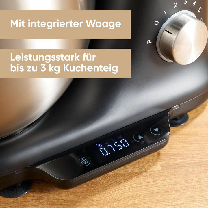 SEVERIN Küchenmaschine Mit Waage, Große Knetmaschine Für Bis Zu 3 Kg Kuchenteig, Robuste Teigmaschine Mit Knethaken, Flachrührer Und Schneebesen, 1.000 W, Schwarz, Matt,Edelstahl, KM 3898