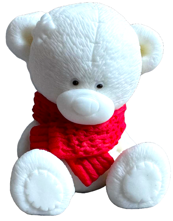 Edible decoration of sugar paste, white teddy bear with red scarf