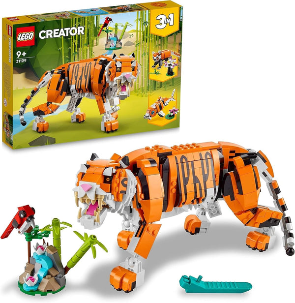 LEGO 31129 Creator Majestic Tiger, Panda sau Pește, set 3 în 1 de figuri de animale, jucărie pentru copii, băieți și fete, jucărie de construcție cu animale