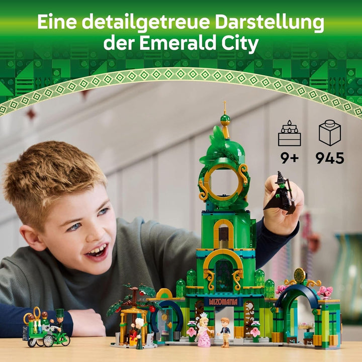 LEGO Wicked Welcome to Emerald City, jucărie cu turn, Glinda și Elphaba mini păpuși, cadou pentru fanii filmului și fete și băieți de la 9 ani, care iubesc casele de păpuși 75684