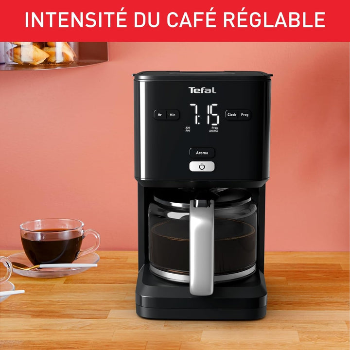 TEFAL SMART'N LIGHT Cafetieră electrică neagră, 1,25 L, programabilă, 24 ore, funcție aromă după 30 minute, fără picurare, CM600810