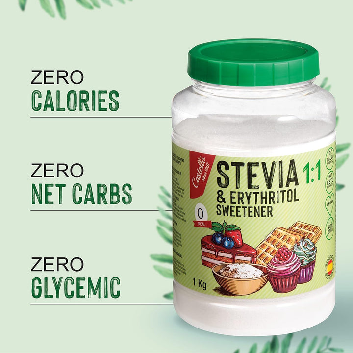 Stevia + Erythrit 1:1 Süßstoff | 1G = 1G Zucker | 100% Natürlicher Zuckerersatz - 0 Kalorien - 0 Glykämischer Index - Keto Und Paleo - 0 Netto-Kohlenhydrate - Kein GVO - Castello since 1907-1 Kg