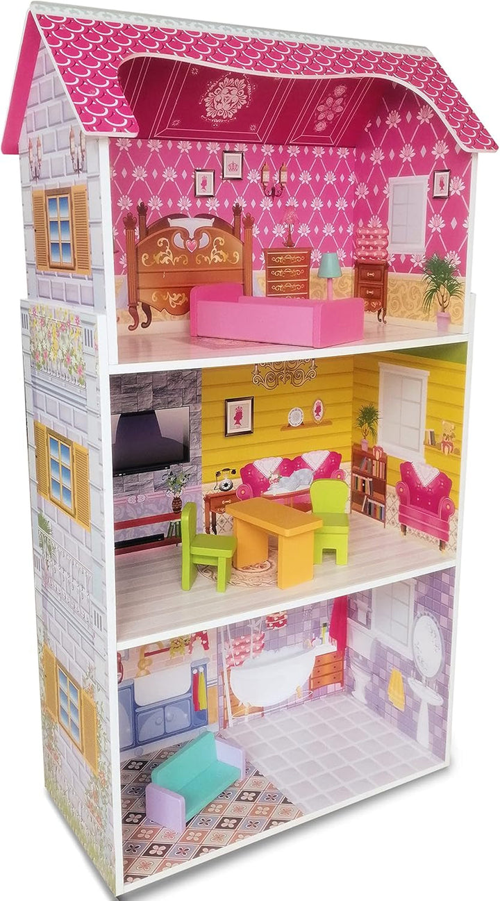 Teorema 40602 - Casă de păpuși din lemn cu 3 etaje și 5 camere, înălțime 96 cm, mobilier și decorațiuni