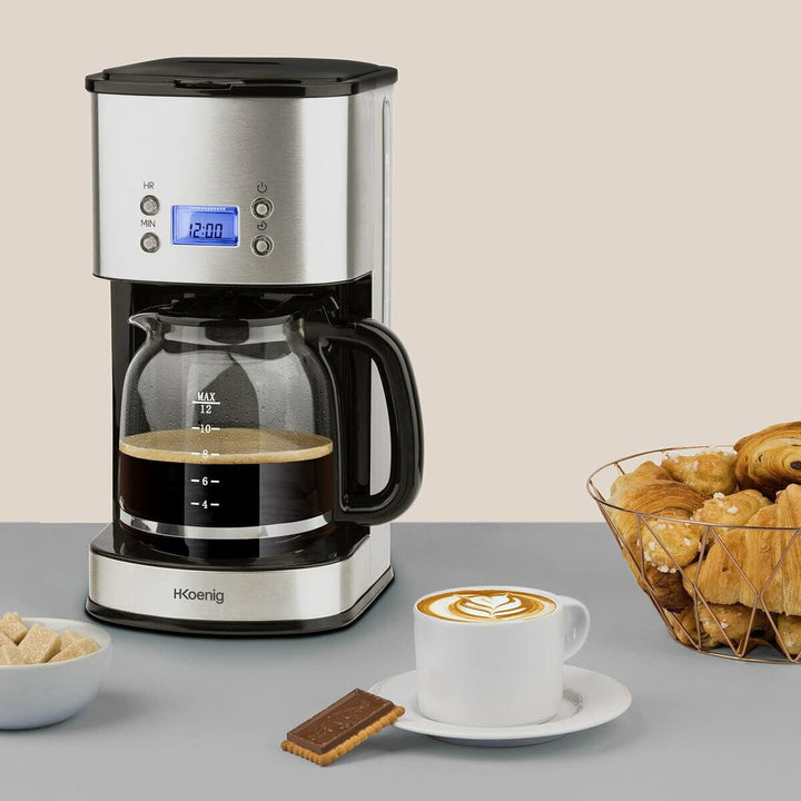 Cafetieră cu filtru din oțel inoxidabil H.Koenig 1,5L (12 cești) MG30, 1000W Carafă din sticlă gradată, Sistem anti-picurare, Menține cald, Afișaj Ldc, Oprire automată, Suport filtru detașabil, lavabil