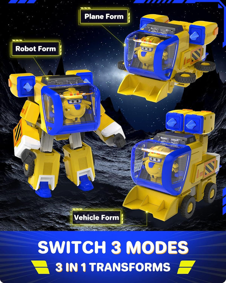 Super Wings EU750322 - Transforming New Robot Suit Donnie, Aprox. 23 cm figurină mare pentru copii, avion de jucărie transformabil și figurină robot, galben