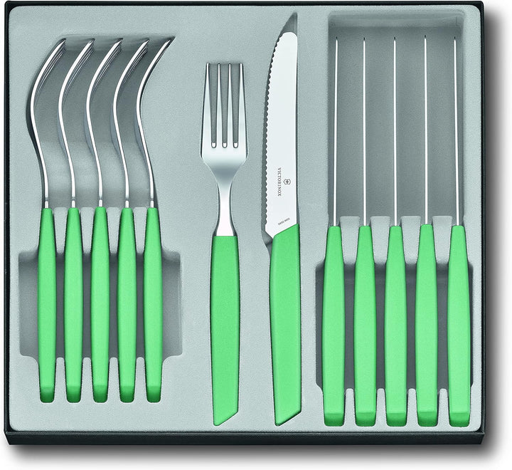 VICTORINOX Swiss Modern Besteck-Set Für 6 Personen, 12-Teilig, Inkl. Scharfe Messer Mit Wellenschliff, Kunststoffgriffe, Kornblumen-Blau