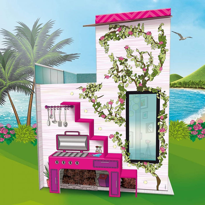 Lisciani - Casă de păpuși - Vila de vacanță Barbie cu păpușă - Joc fantastic - Casă din carton de asamblat și decorat - Timp liber creativ - Pentru fete de la 4 ani