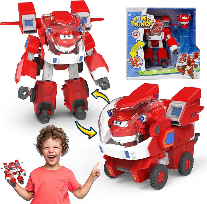 Super Wings EU750322 - Transforming New Robot Suit Donnie, Aprox. 23 cm figurină mare pentru copii, avion de jucărie transformabil și figurină robot, galben