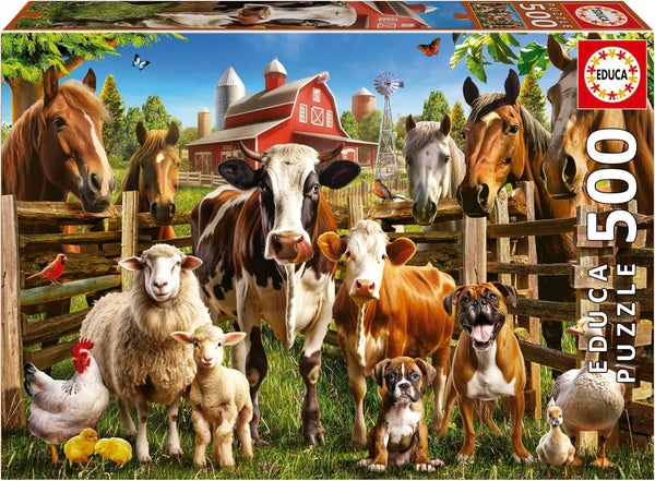 Educa - Puzzle de 500 piese pentru adulti | Animalele de la ferma obraznice. Dimensiuni: 48 X 34 cm. Include lipiciul de puzzle Fixpuzzle. Pentru 11 ani (19905)