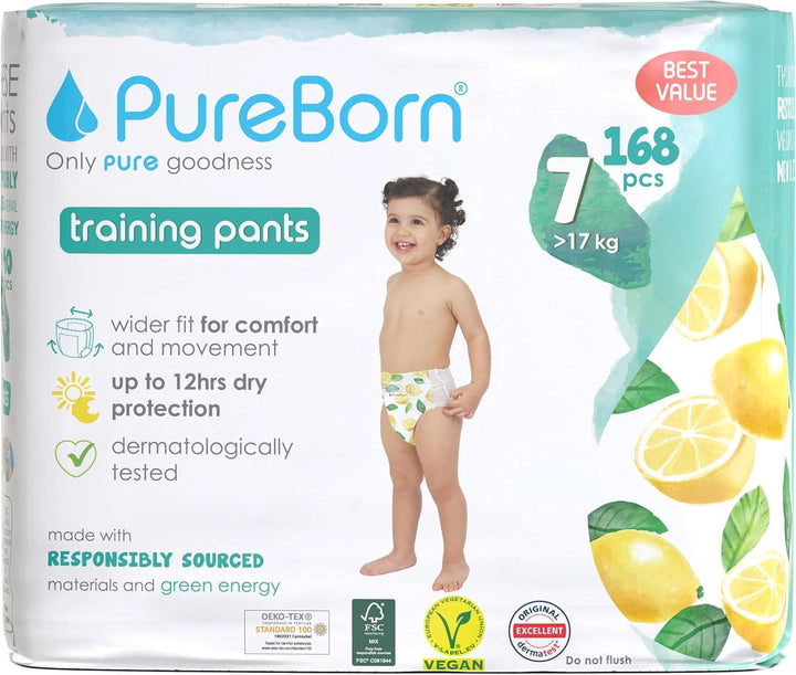 Pureborn Baby Premium Windeln Pants, Höschenwindeln, Größe 7 (17+ Kg), 16 Stück, Optimaler Schutz Für Tag Und Nacht, Dermatologisch Getestet, Ultraweich, Hautfreundlich