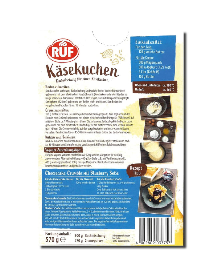 RUF Käsekuchen Backmischung, Cheesecake Mit Knusprigem Streuselteig, Super Cremiger Kuchen Mit Echter Bourbon-Vanille, Einfache Zubereitung, 1 X 570G