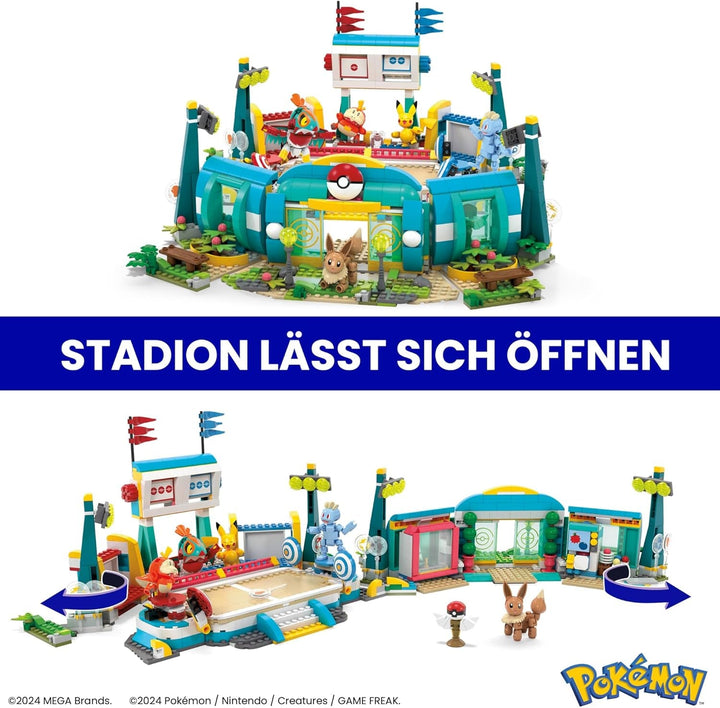 MEGA Pokémon Action Figure Building Toy, Arena de antrenament cu 1101 piese, joc de lupte și 5 figuri mobile pentru copii, HWR82
