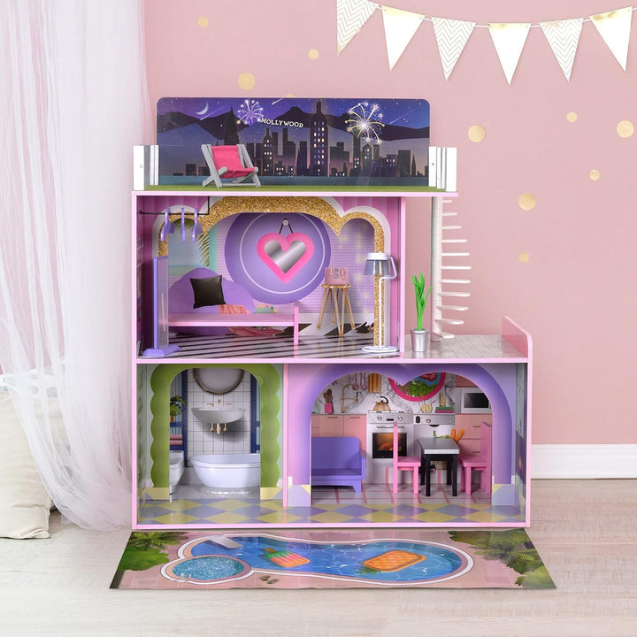 Olivia's Little World Big Dreamland Sunset Contemporary Casa de păpuși interactivă din lemn pentru copii 3 etaje cu 16 accesorii de mobilier pentru păpuși Multi TD-13616A