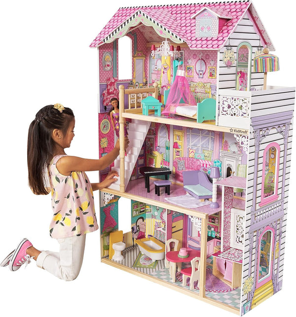 Casa de păpuși din lemn Kidkraft Annabelle cu mobilier și accesorii, set de joacă cu lift și balcon pentru păpuși înalte de 30 cm, jucărie pentru copii de la 3 ani, 65934